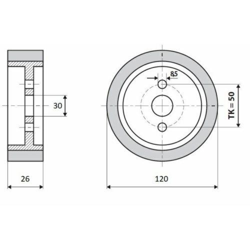 Rolka gumowa D=120 F=30 I=26 2 otwory   