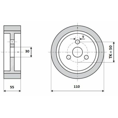 Rolka gumowa D=110 F=30 I=55 3 otwory   