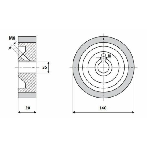 Rolka gumowa D=140 F=35 I=20 klin 10 mm 
