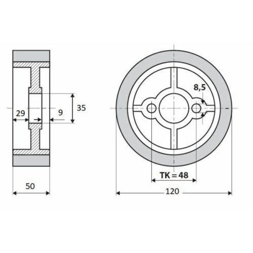 Rolka 120-50-35 V guma 50 ShA white