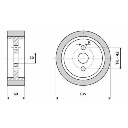 Rolka gumowa D=135 F=20 I=60 2 otwory   