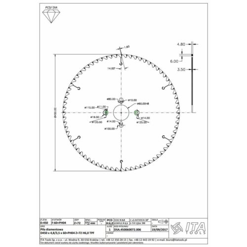 DSA.Piła D=450 F= 60 Z= 72 K/P=4,8/3,5  